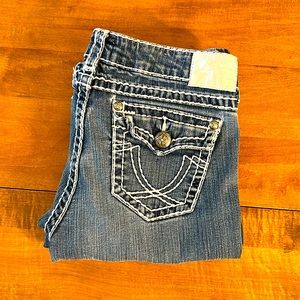 LA Idol Jeans Blue with White Stitching Boot Cut 33 inch waist Size 11